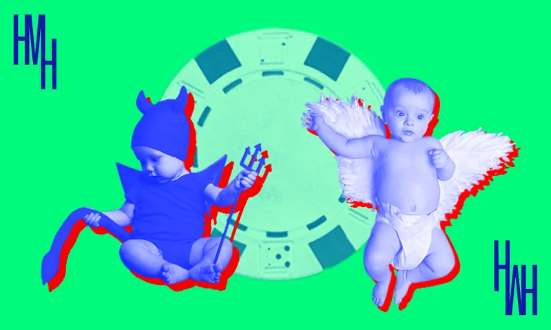 an angel baby and a devil baby, on a fluorescent green background