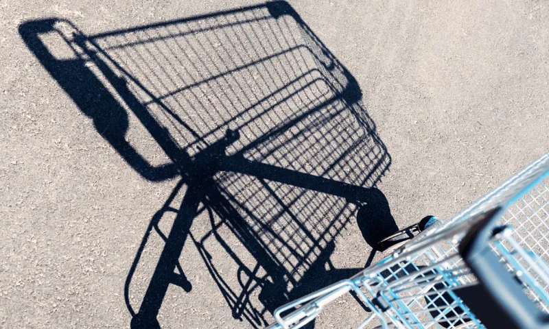Shadow of an empty shopping cart cast on a sunlit concrete surface, with the cart's metallic structure partially visible in the bottom right corner.