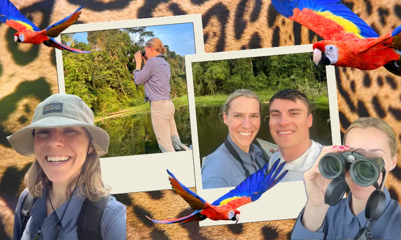 A collage overtop a background of jaguar spots shows a young woman in a beige outdoors hat and navy long sleeve shirt using her binoculars to look deep into a lush green jungle. Her partner a young man in a white top is next to her. There are three red, yellow and blue macaws flying over top of them.