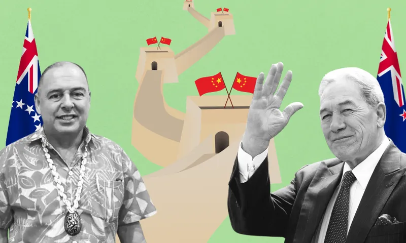 Two individuals are shown in front of an illustrated background of the Great Wall of China. The person on the left wears a floral shirt and a necklace. The person on the right is in a suit, waving. Flags of China, New Zealand, and the Cook Islands are visible.