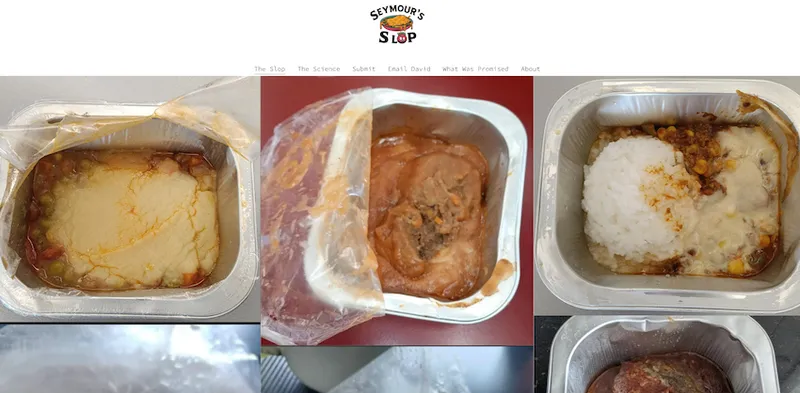 A screenshot of the website Seymour Slop, which depicts three unidentifiable lunches in various shades of brown