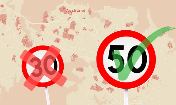 A map of Auckland in the background; in the foreground, a 30 km/h speed limit sign with a red X and a 50 km/h sign with a green checkmark.