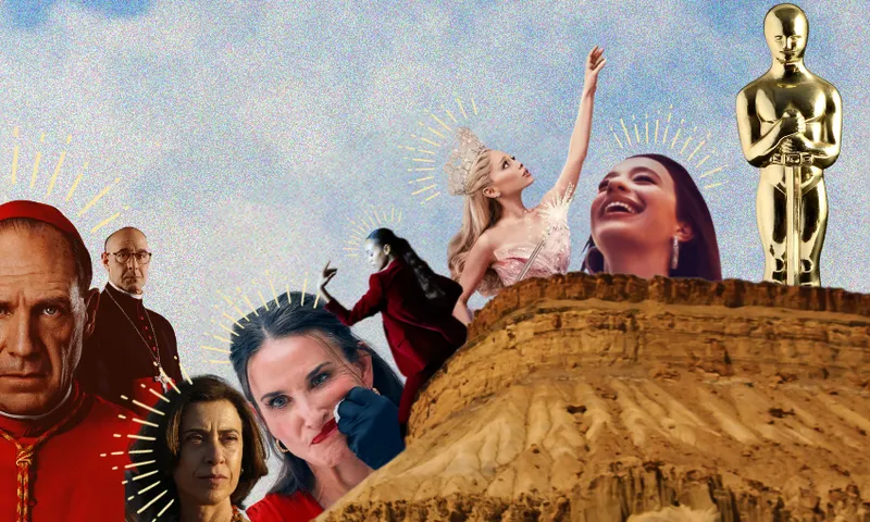 A surreal collage with a barren desert landscape featuring various Academy Award nominees in dramatic poses, a crowned figure reaching upwards, and a golden Oscar statue at the top. The sky is a textured gradient.