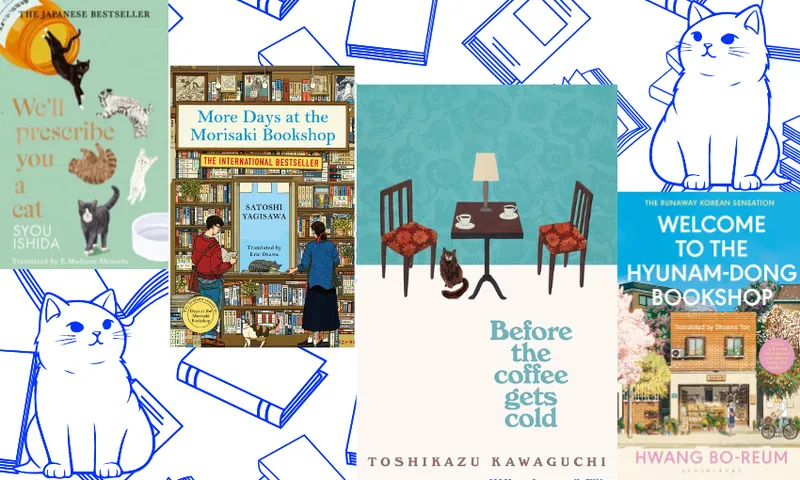 Pictures of book covers with a background of books and cats.
