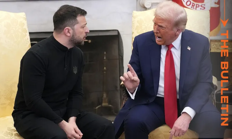 trump, a man with puffy blond hair and a red tie seems to yell at volodymyr zelenskyy