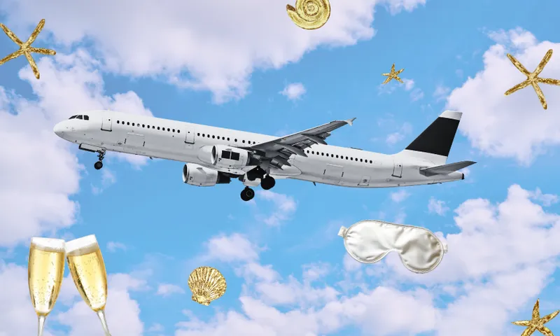 A plane that is black and white soars through a cloudy blue sky. There are gold star shaped charms collaged around it. There is a pair of long stemmed champagne glasses and a white silk sleeping mask in the bottom corners.