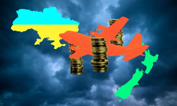 dark stormdlouds with a plane surrounded by coins going between colorful outlines of ukraine and NZ