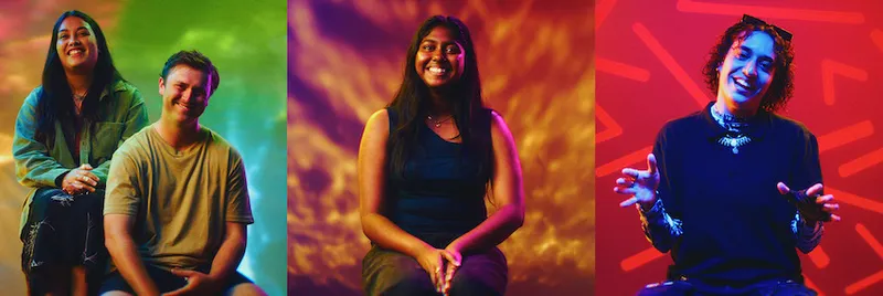 A screenshot of three different d8talk interviews against rainbow backdrop