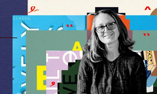 A photo of author Kiri Lightfoot, with a collage of book covers behind her.