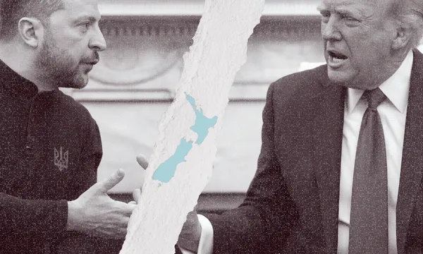 Two men, Vololdymyr Zelenskyy and Donald Trump, are depicted in a heated discussion, separated by a torn paper effect through the centre, revealing an image of a map of New Zealand. Both appear engaged in animated conversation, in a grayscale colour scheme.