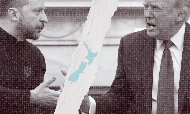 Two men, Vololdymyr Zelenskyy and Donald Trump, are depicted in a heated discussion, separated by a torn paper effect through the centre, revealing an image of a map of New Zealand. Both appear engaged in animated conversation, in a grayscale colour scheme.