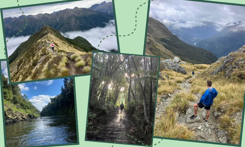 a collage of scenic photos from the great walks on a green background
