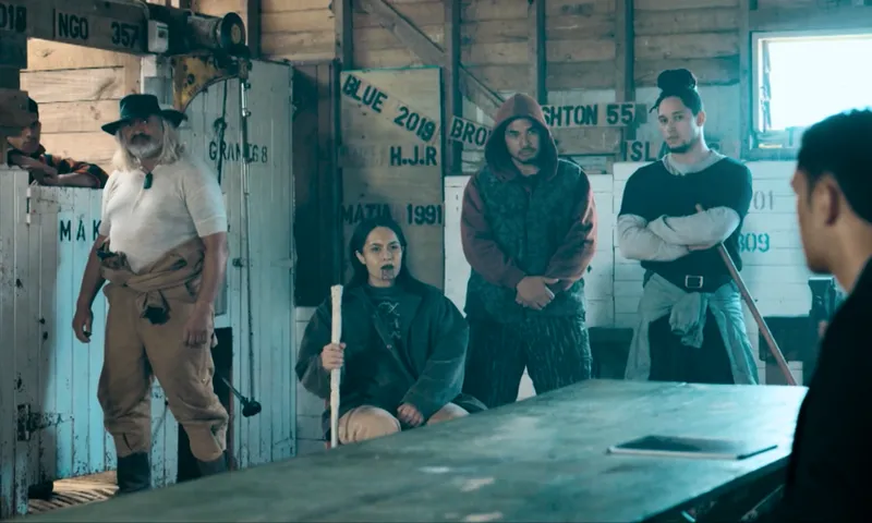 Four individuals stand in a rustic room with wooden walls and signs. One is seated holding a cane, while the others stand behind, each with their own unique attire, including hats and layered clothing. They face a person sitting at a table.