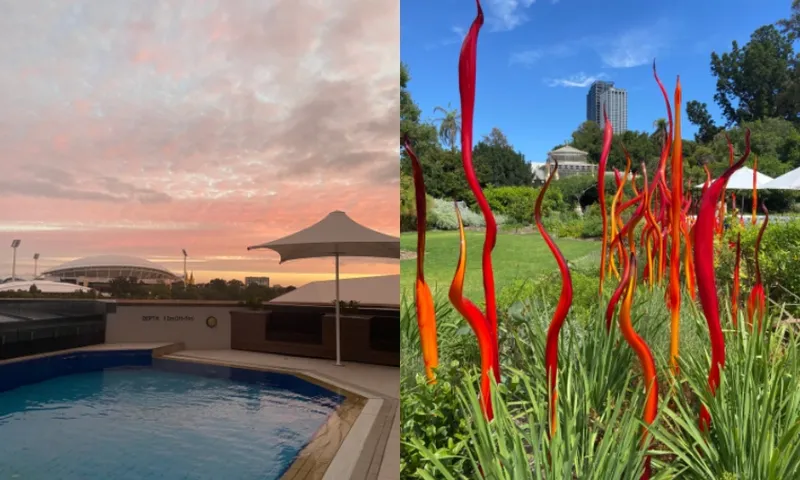 Left side: A rooftop pool with an umbrella against a pink and orange sunset sky. A stadium is visible in the distance. Right side: A garden with bright red-orange glass sculptures among greenery, under a clear blue sky.