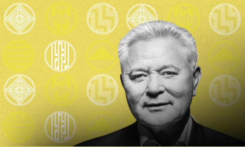 An older man with white hair is shown in black and white against a yellow background with circular and rectangular patterns featuring various intricate Māori motifs.