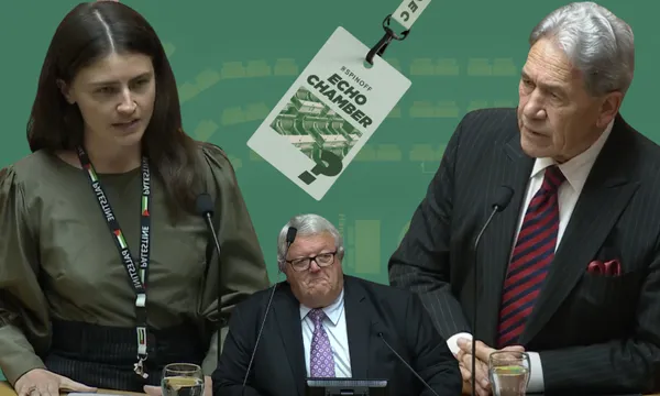 Two people stand at podiums debating. A man in the foreground wears glasses and a suit, appearing contemplative. A large tag reading "Echo Chamber" is suspended above. The background has a green shade with abstract design elements.