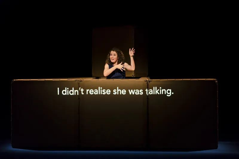 woman on a dark stage talking with sign language. She is leaning on boxes upon which there is a projection reading "I didn't realise she was talking".