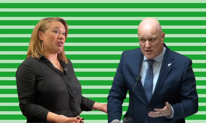 A woman (Tory Whanau) in a black shirt gestures while speaking to a man in a suit (Chris Luxon) at a podium. The background is green with white horizontal stripes.