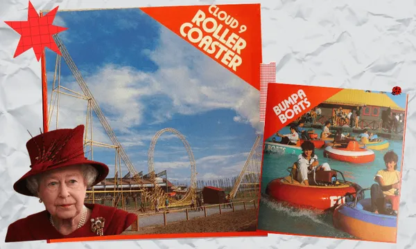 composite image of the queen, the cloud 9 roller coaster and people riding bumper boats