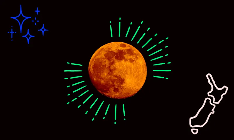 a red moon in a black sky with green illustrations making it look extra radinat and an icon of new zealand in the corner