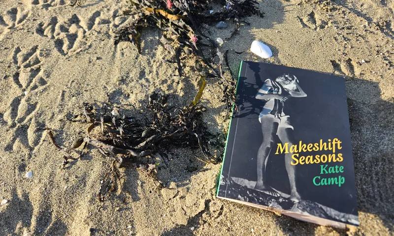 A photo of the cover of Kate Camp's poetry book, Makeshift Seasons, on a beach.