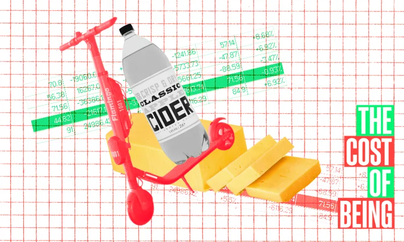 A red scooter with a plastic cider bottle and slices of cheese on its deck. The background has red graph lines with numerical data. Text on the right reads, "The Cost of Being.