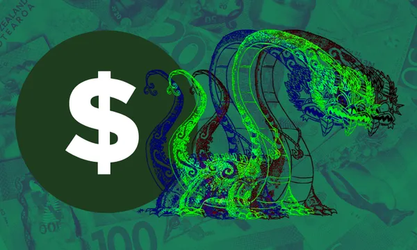 Illustration of a dragon with glowing green and blue patterns, next to a large white dollar sign on a dark green circle. The background features faint images of paper currency.