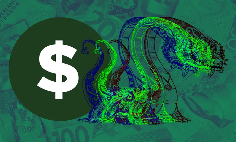 Illustration of a dragon with glowing green and blue patterns, next to a large white dollar sign on a dark green circle. The background features faint images of paper currency.
