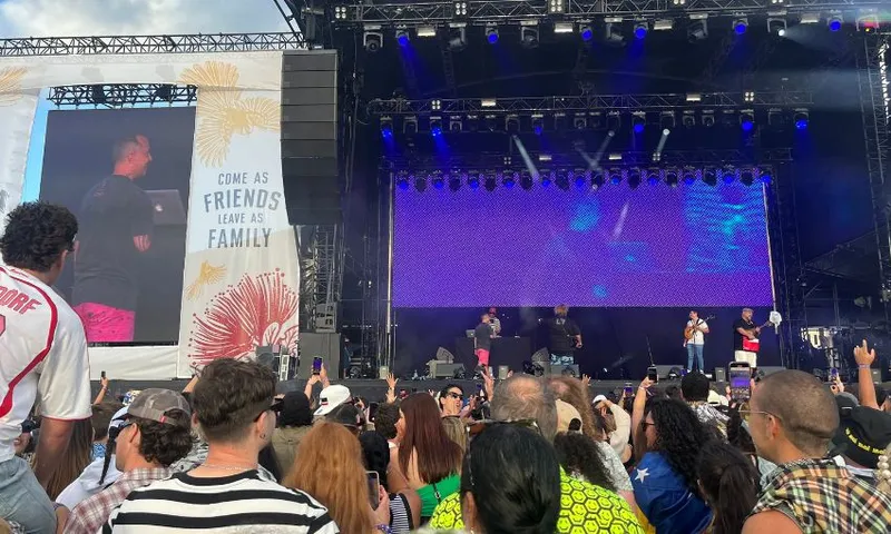 Nesian Mystik perform to large crowd in Wellington at Homegrown's Park Stage.