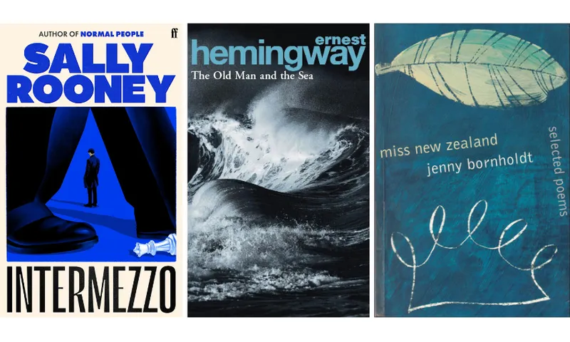 Cover images of Intermezzo by Sally Rooney, The Old Man and the Sea by Ernest Hemingway, and miss new zealand by jenny bornholdt.