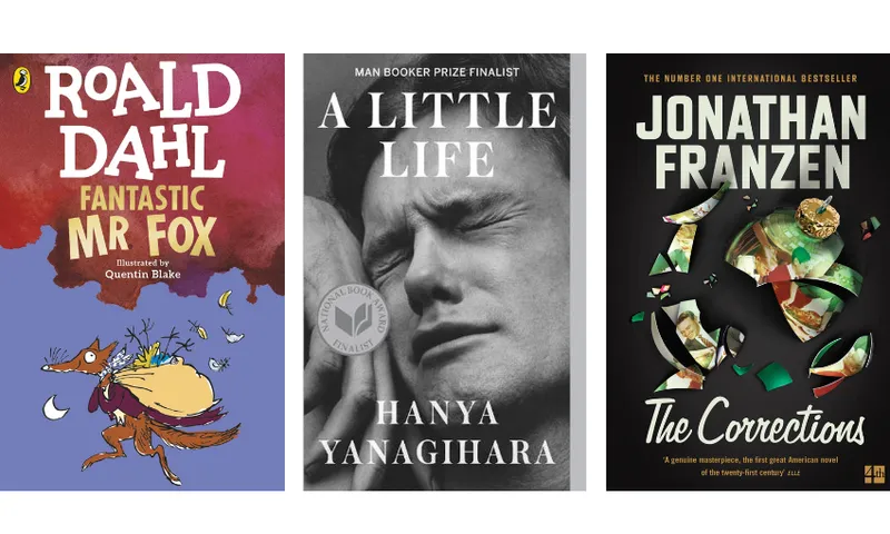 Covers of Fantastic Mr Fox, A Little Life, and The Corrections.