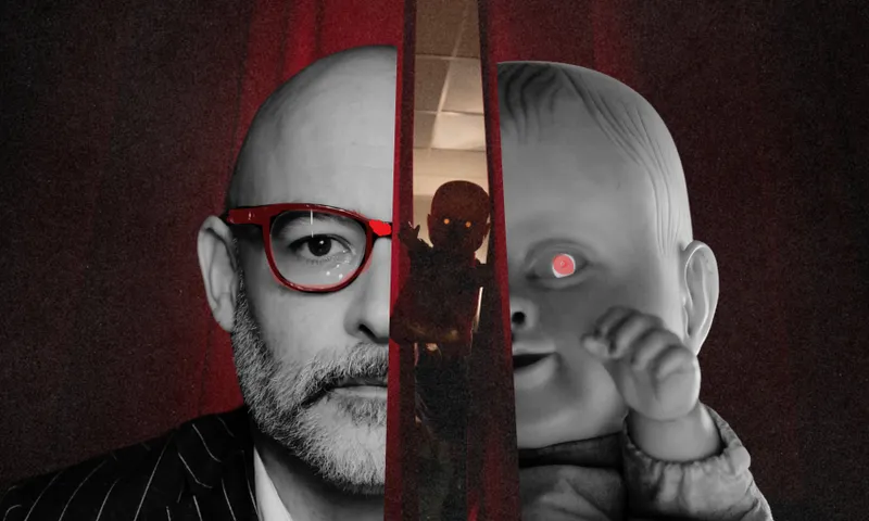 half of director james ashcroft's head, half of creepy puppet jenny pen's head, in black and qhite on a blood red background
