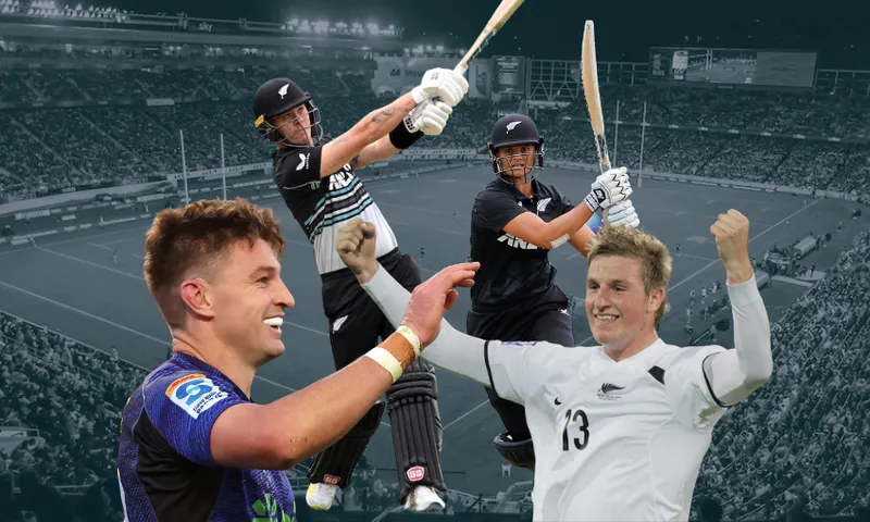 beauden barrett, finn allen, suzie bates and chris wood over a black and white image of eden park
