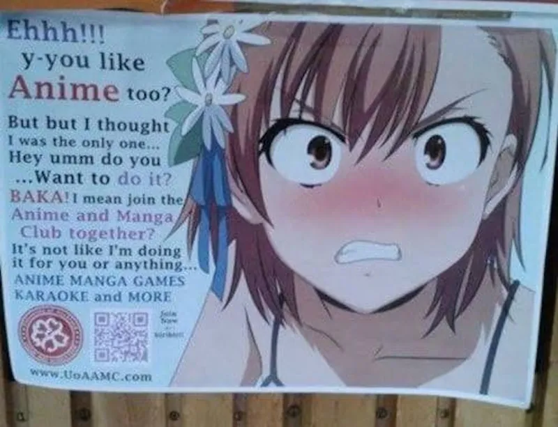 A cringe anime poster with a female anime character next to lots of text in anime style