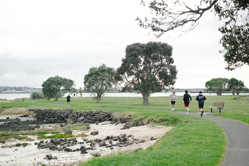 people running along the shoreline on a path through grass