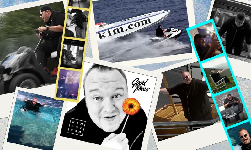 collage of kim dotcom related images with the good times album cover in the middle