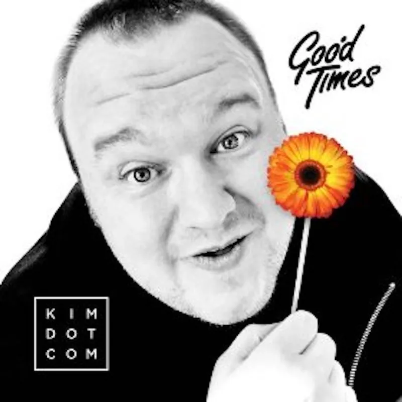 A person smiling and holding an orange flower near their face. The background is white with the text "Good Times" in a playful font. There's also a box with the name "Kim Dotcom" in it. The image has a bright and cheerful theme.
