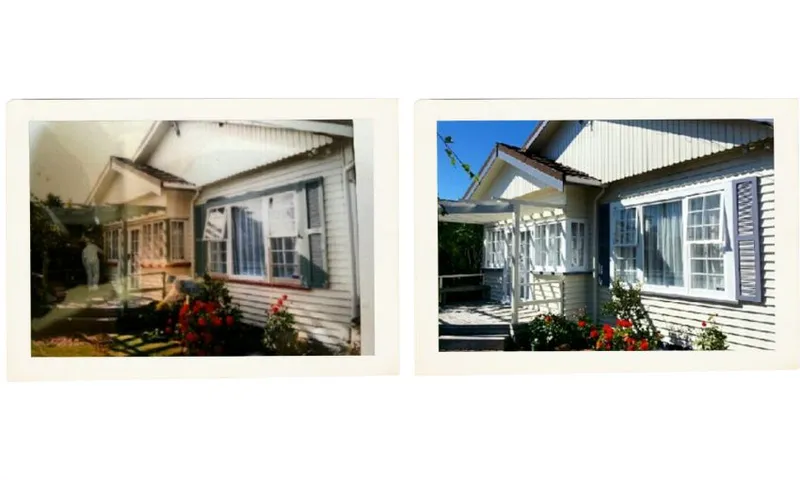 Side by side polaroids of a house before and after being repainted