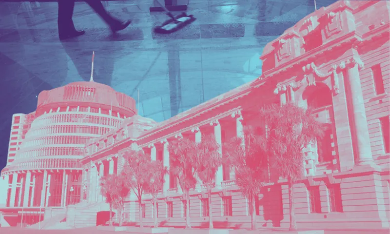 A stylised image featuring the distinctive rounded architecture of the Beehive and the classical columns of the Parliament House in Wellington, New Zealand. The scene is overlaid with blue and pink tones, and silhouettes of walking people are visible above.