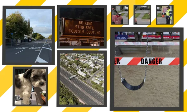 A collage features: a road with "slow" markings, a "be kind, stay safe" COVID-19 sign, road aerial view, a construction worker, a dog, a suburb landscape, a swing with "danger" tape, and a traffic light.