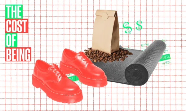 A collage with red shoes, a brown paper bag spilling coffee beans, and a grey yoga mat on a grid background. Green dollar signs and text reading "The Cost of Being" are present.