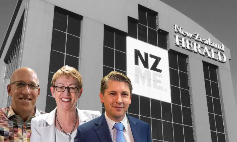 Three headshots of Jim Grenon, Barbara Chapman and Michael wood laid over a black and white photo of an NZME building with a sign reading New Zealand Herald