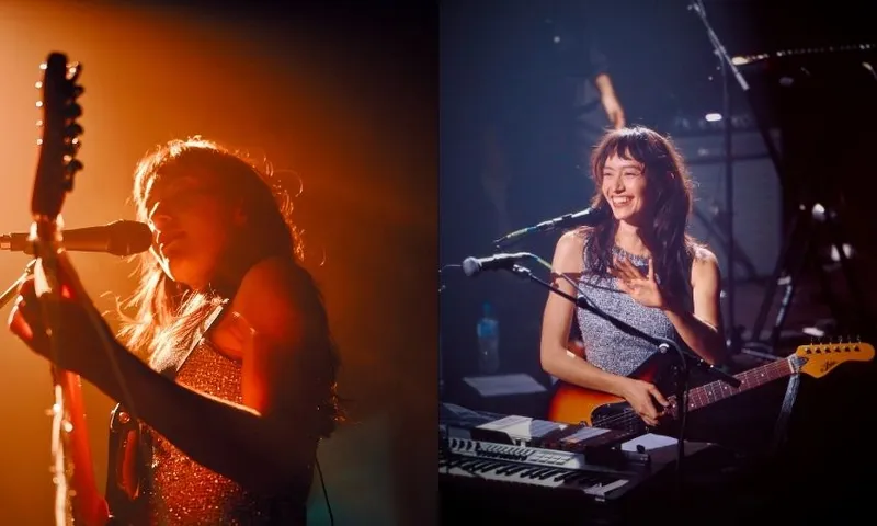 Left image: Amelia Murray (aka Fazerdaze) in a sparkling outfit sings and plays guitar under warm stage lights. Right image: The same musician smiles while standing at a keyboard with a guitar around their shoulder.