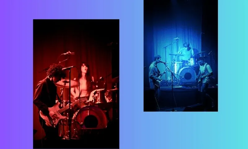 Two images of a rock band performing. Left: A drummer and guitarist group called Elliot and Vincent play under red lighting. Right: Drummer and two guitarists from the band Office Dog play in blue lighting, with visible mic stands. Both images have a gradient background from purple to teal.