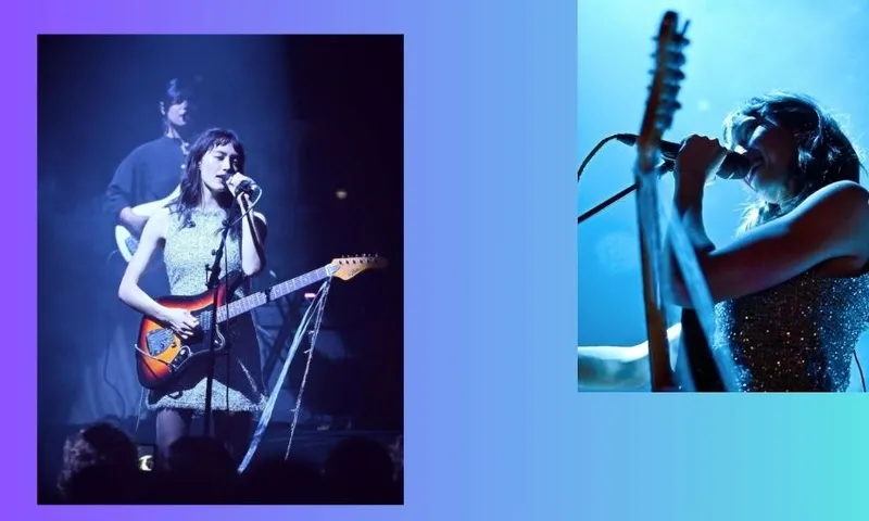 Left image: Amelia Murray Fazerdaze sings into a microphone while holding a guitar on stage, accompanied by a bass player. Right image: Murray sings passionately into a microphone on a dimly lit stage. Both scenes highlight musical performances.