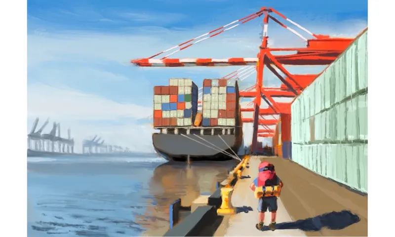 Illustration of a backpacking traveller walking towards a cargo ship with containers on it and containers lined up along the port