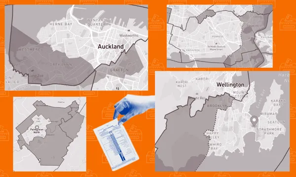 A collage of five maps, detailing different areas in Auckland and Wellington against an orange background. In the centre, a hand holds a voting paper. The maps are outlined in gray and focus on various neighborhoods and districts.