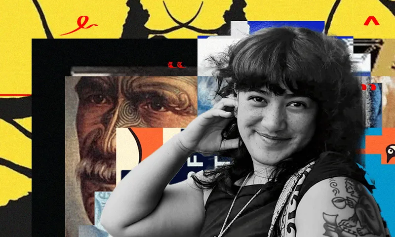 A photograph of Mairātea Mohi with a collage of book covers behind her.