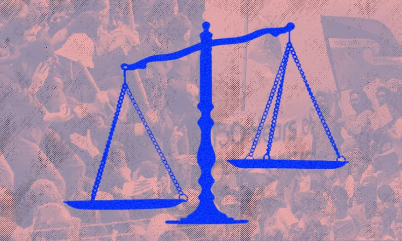 A blue silhouette of a balance scale overlaid on a background of a crowd holding banners and signs, with a duotone pink and blue filter effect. The scene conveys themes of justice and protest.