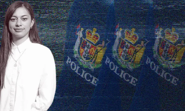 A woman in a white shirt stands against a background featuring a repetitive police emblem with a crown, shield, and the word "POLICE." The image has a glitchy, digital effect.
